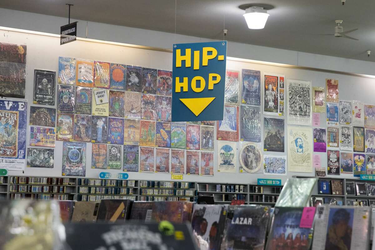 A sign hangs inside Amoeba Records on Haight Street in San Francisco on April 6, 2021.