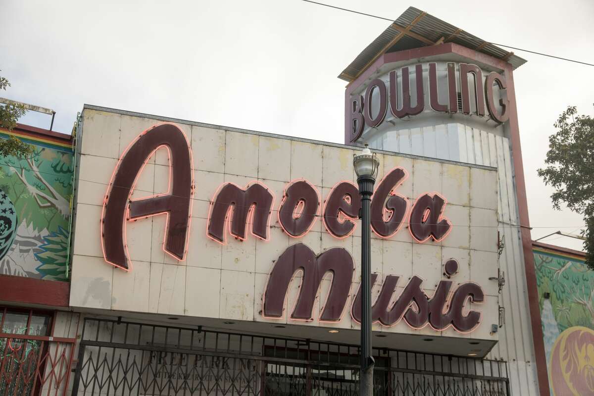 The former bowling sign sits atop the Amoeba Records marquee on Haight Street in San Francisco on April 6, 2021.