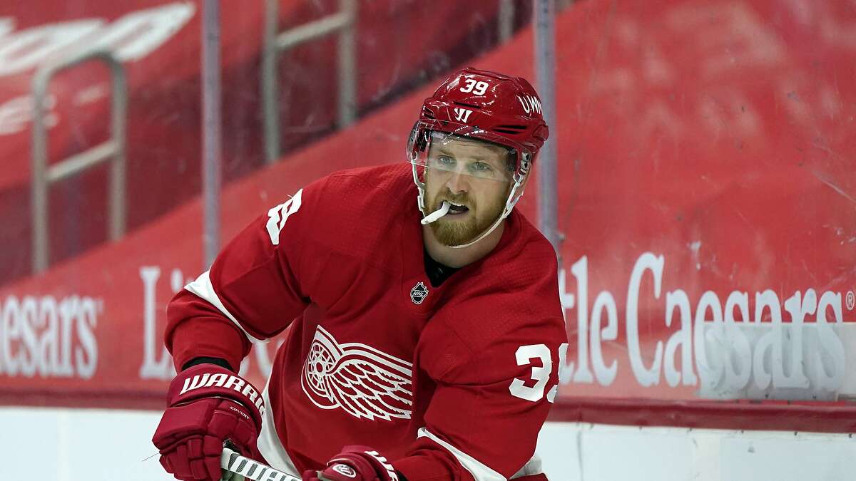 Detroit Red Wings right wing Anthony Mantha plays during the second period of an NHL hockey game, Sunday, March 28, 2021, in Detroit. (AP Photo/Carlos Osorio)