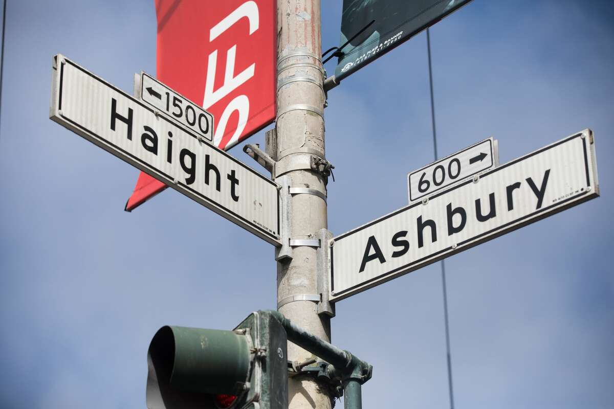 The street signs at the intersection of Haight and Ashbury streets in San Francisco on April 6, 2021.