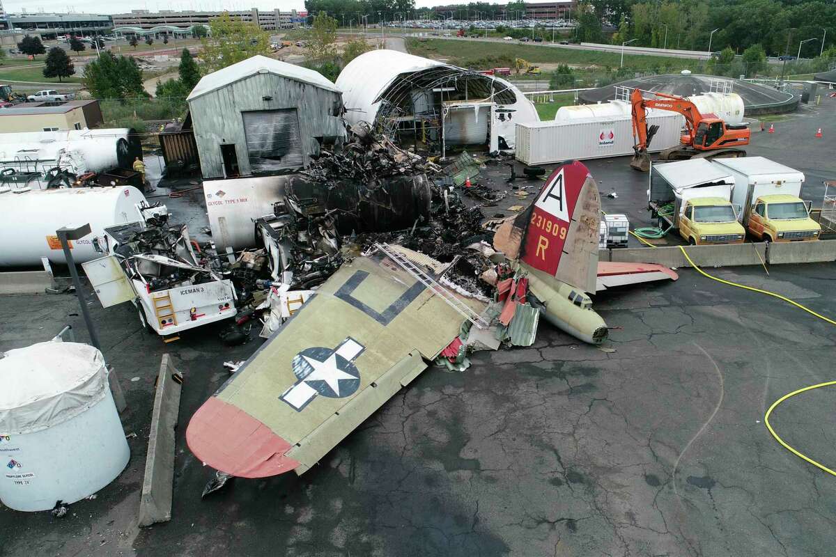 Damage from a World War II-era B-17 bomber plane that crashed on Oct. 2, 2019, at Bradley International Airport in Windsor Locks.