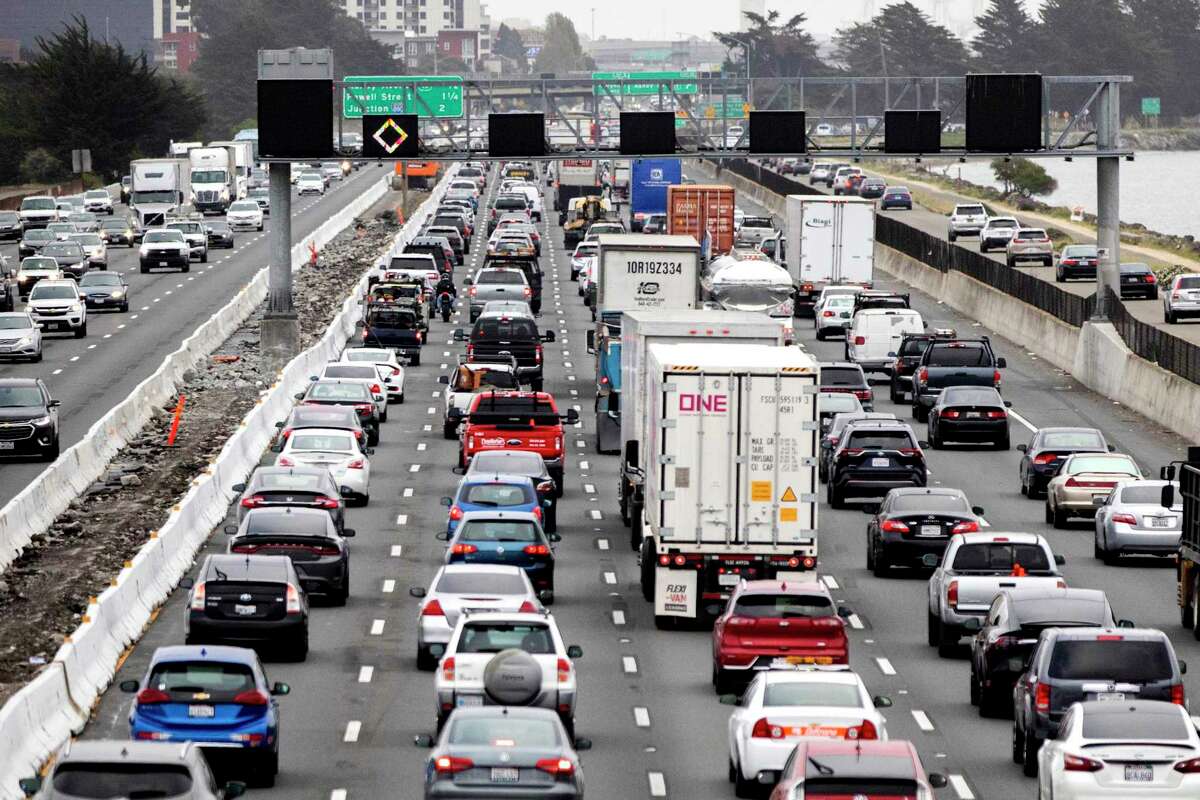 Morning commuter traffic backs up on Interstate 80 westbound in Berkeley. A year after the pandemic caused traffic across the bay to drop by 50%, it’s nearly back to pre-pandemic normal.