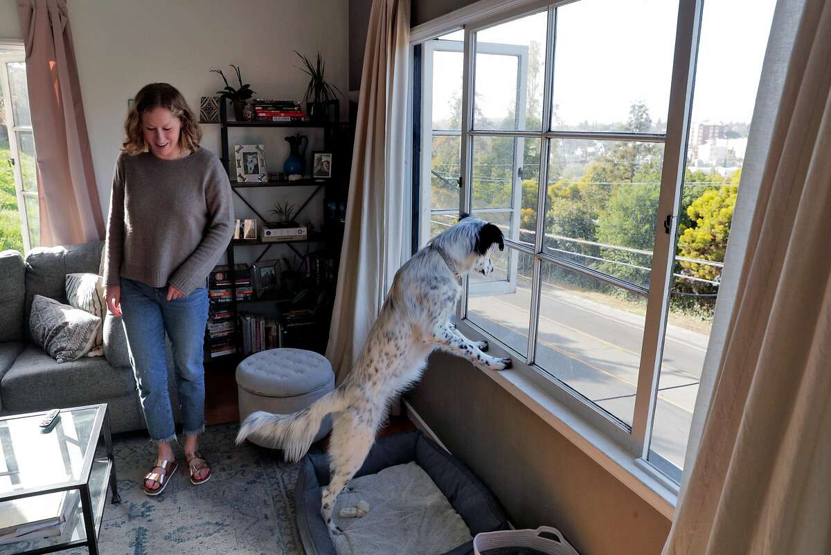 亚历克斯·勃兰登堡(Alex Brandenburg)走过，她的小狗佩珀(Pepper)正在奥克兰的家中欣赏风景。