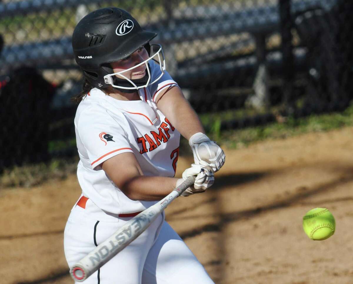 Stamford shortstop Cassie Robotti makes contact against Greenwich in Stamford on Tuesday.