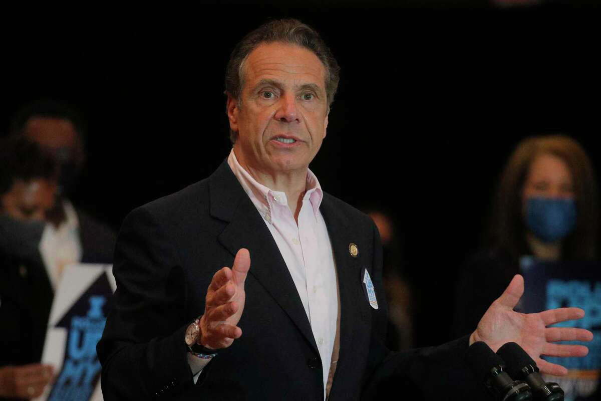 Gov. Andrew Cuomo speaks at Rochdale Village Community Center in Queens on April 5, 2021. (Photo by Brendan McDermid-Pool/Getty Images)