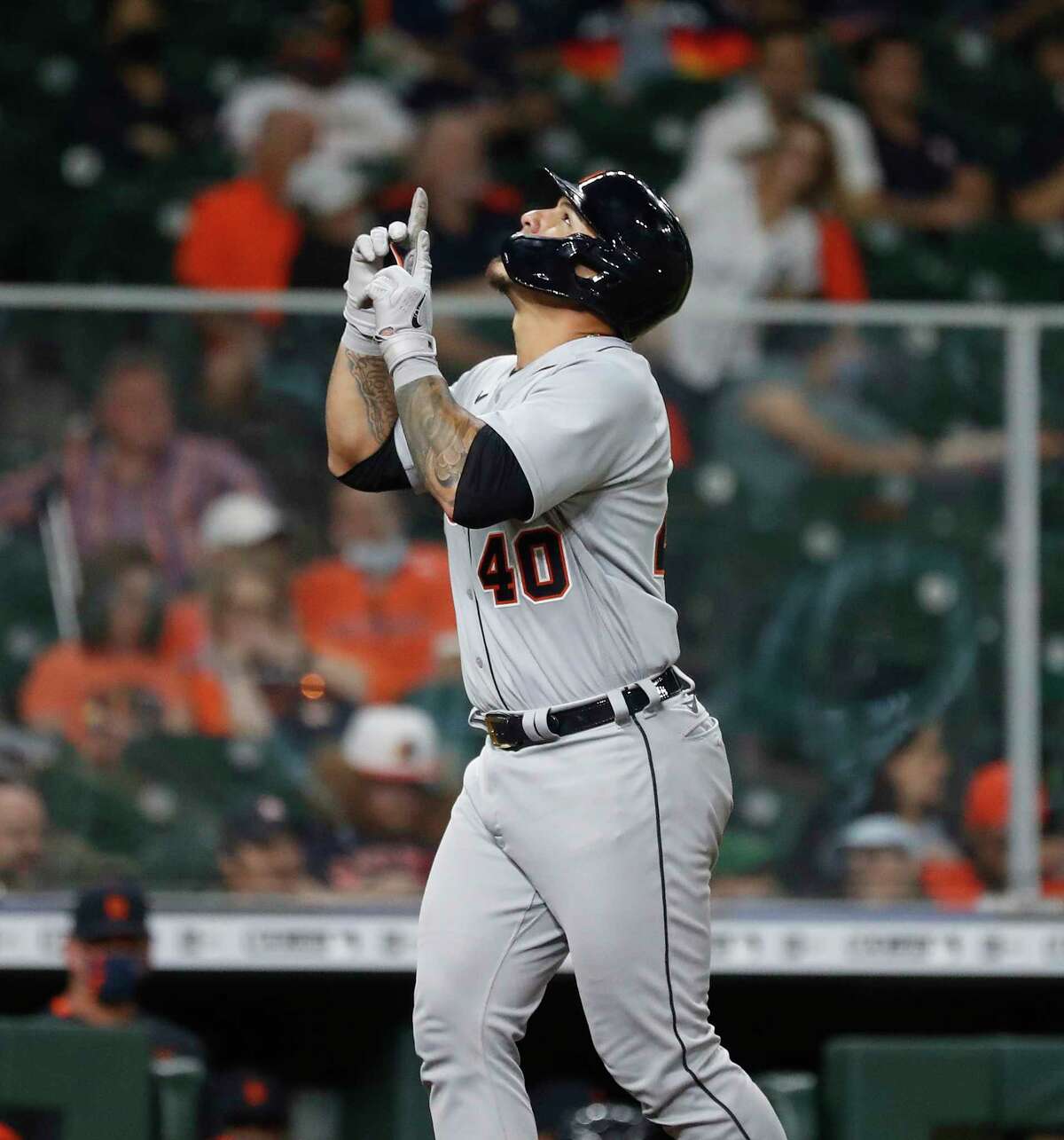 Detroit Tigers Wilson Ramos (40) celebrates his second home run of the night off of Houston Astros pitcher Bryan Abreu during the fifth inning of an MLB baseball game at Minute Maid Park, in Houston, Tuesday, April 13, 2021.