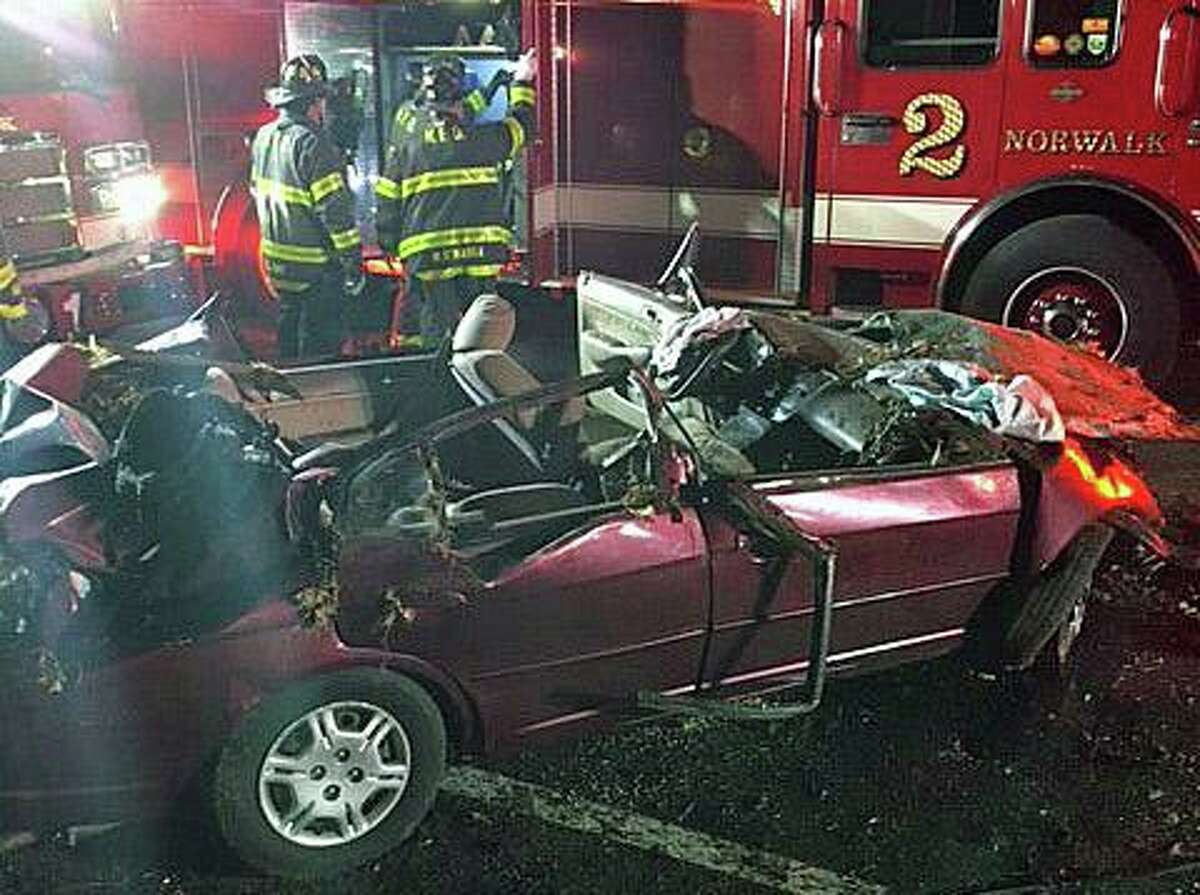 The driver of this vehicle had to be extricated by fire crews who used several hydraulic tools to free her. Officials said the driver suffered life-threatening injuries in a crash on the Merritt Parkway in Norwalk, Conn., on Wednesday, April 14, 2021.