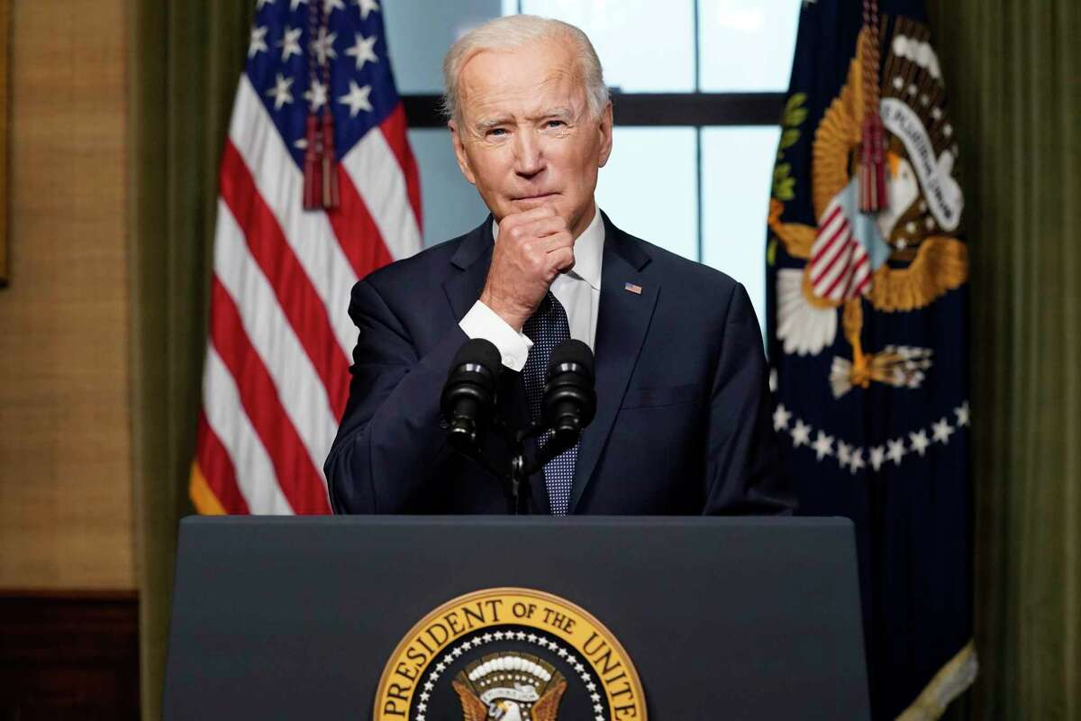 President Joe Biden speaks from the Treaty Room in the White House on Wednesday, April 14, 2021, about the withdrawal of the remainder of U.S. troops from Afghanistan. (AP Photo/Andrew Harnik, Pool)