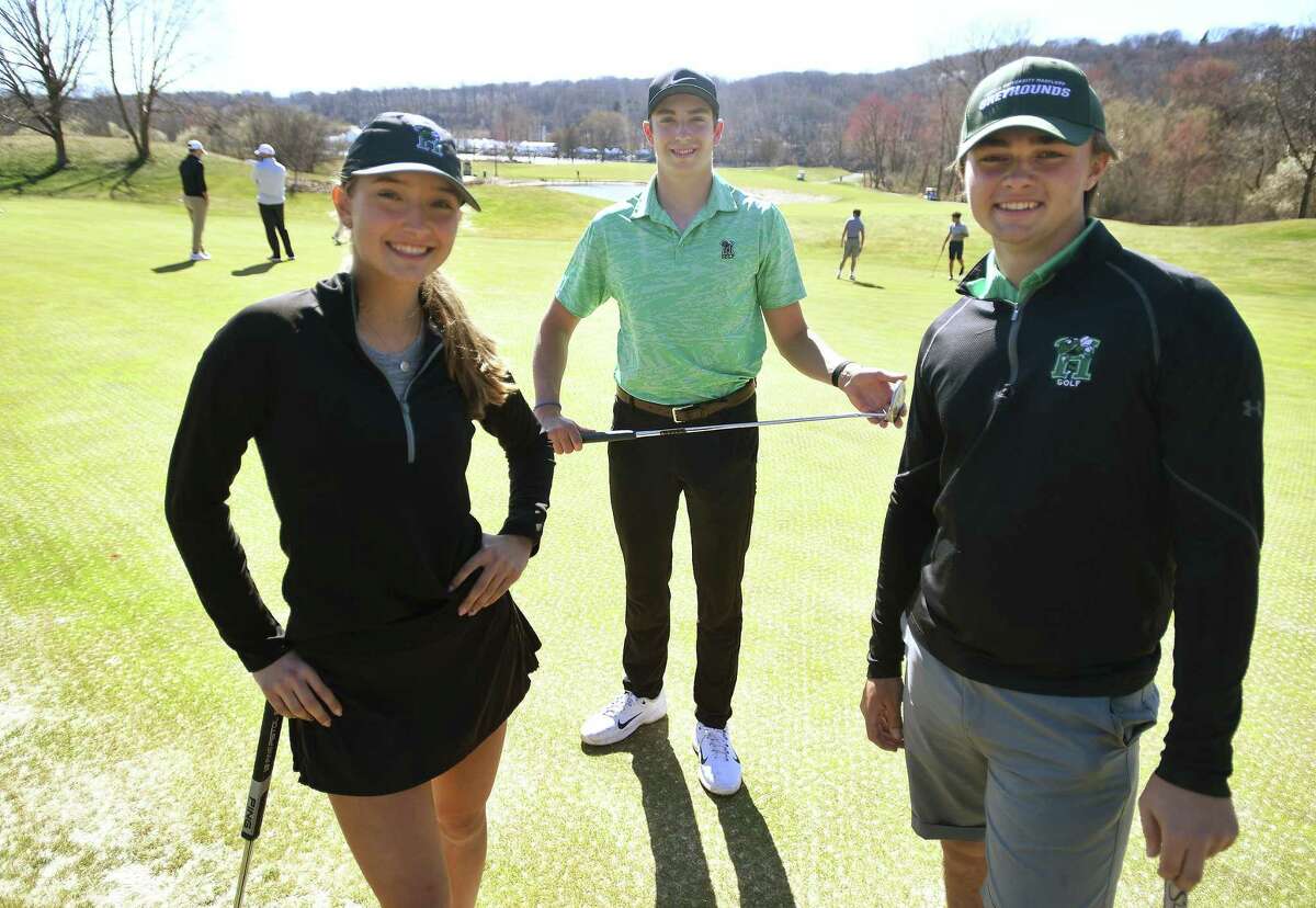 From left: sophomore Sophia Sarrazin, junior Ben James, and senior Jackson Roman lead the Hamden Hall golf team into the new spring season at Great River Country Club in Milford on April 7.