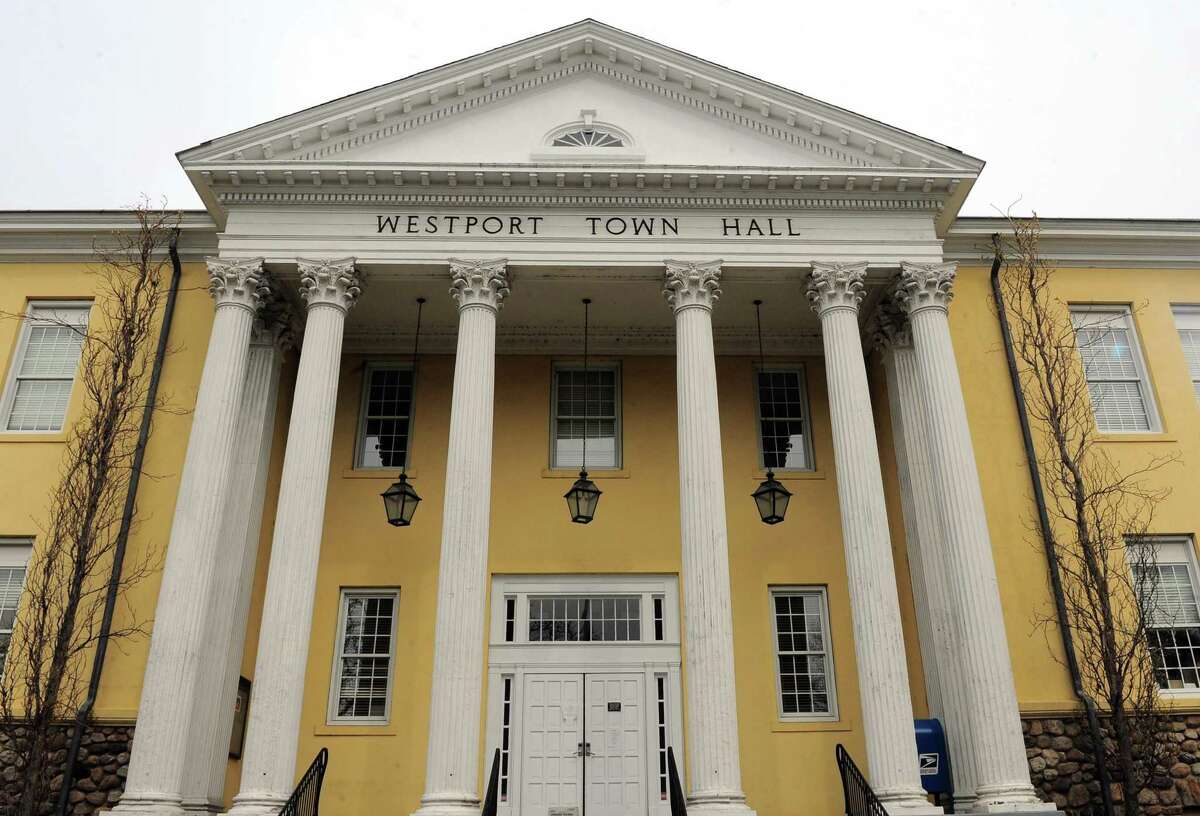 An exterior of Westport Town Hall in Westport, Conn., on Friday Apr. 17, 2020. The building has been closed to the public since min-March due to the coronavirus.