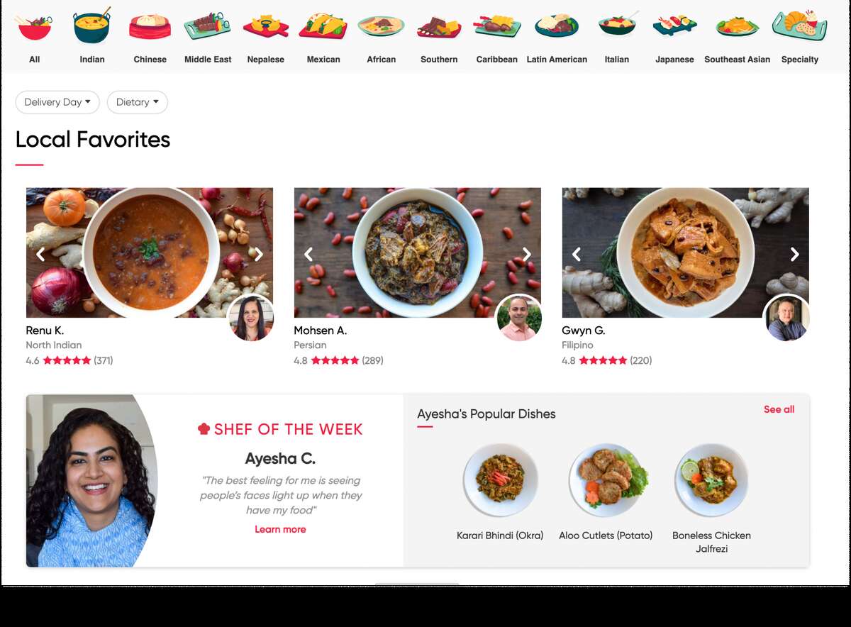Shef's explore page gives users the opportunity to find food based on type of cuisine and their zip code.