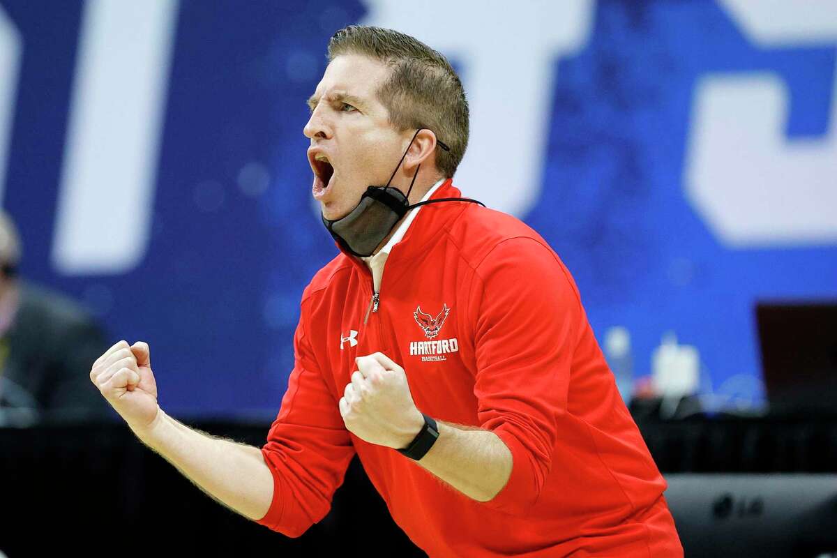 Hartford coach John Gallagher reacts during their game against Baylor in the first round of the NCAA Tournament on March 19. It was the first time the Hawks advanced to the Division I NCAA Tournament in school history.