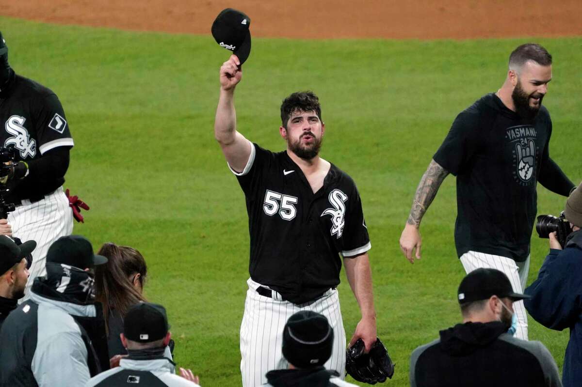 White Sox starting pitcher Carlos Rodon celebrates his no-hitter against the Cleveland Indians. Rodon was perfect for 25 outs before hitting Roberto Perez with a pitch in the ninth inning.