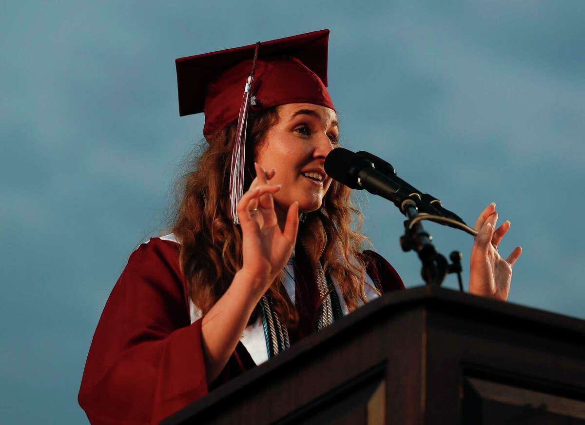 Valedictorian Annamarie Mader speaks during Magnolia High School’s graduation ceremony at Woodforest Bank Stadium, Tuesday, June 9, 2020, in Shenandoah.