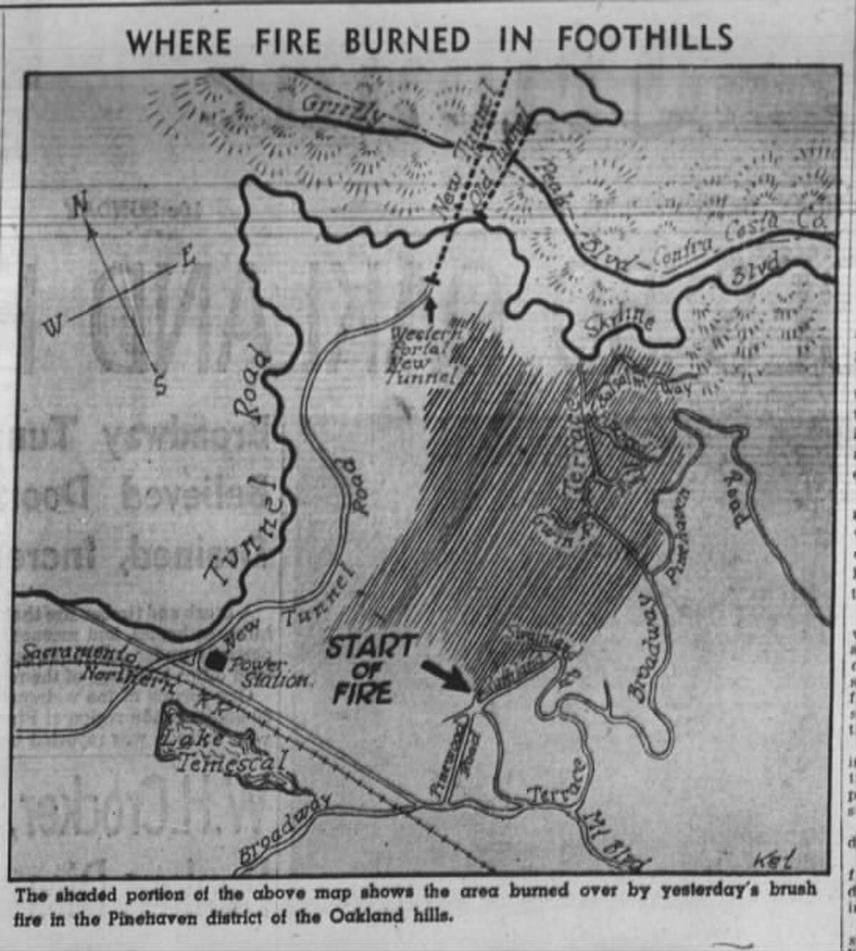 Map showing area burned in an Oakland hills fire, September 1937.