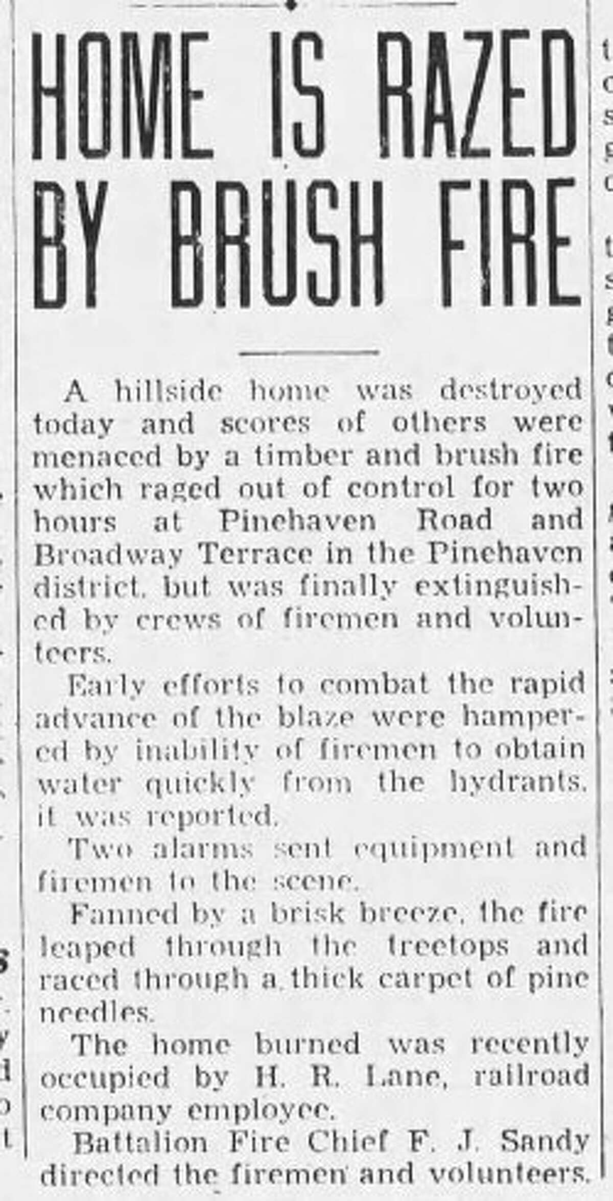 Account of fire at 7135 Pinehaven Road, Oakland, Oct. 23, 1933.