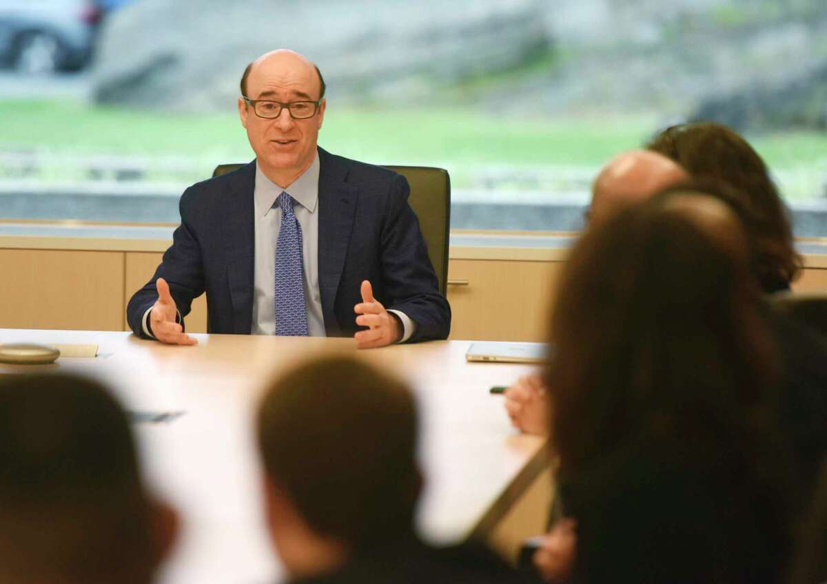 XPO Logistics CEO Brad Jacobs speaks during a meeting at the company’s headquarters at 5 American Lane in Greenwich on July 25, 2017.