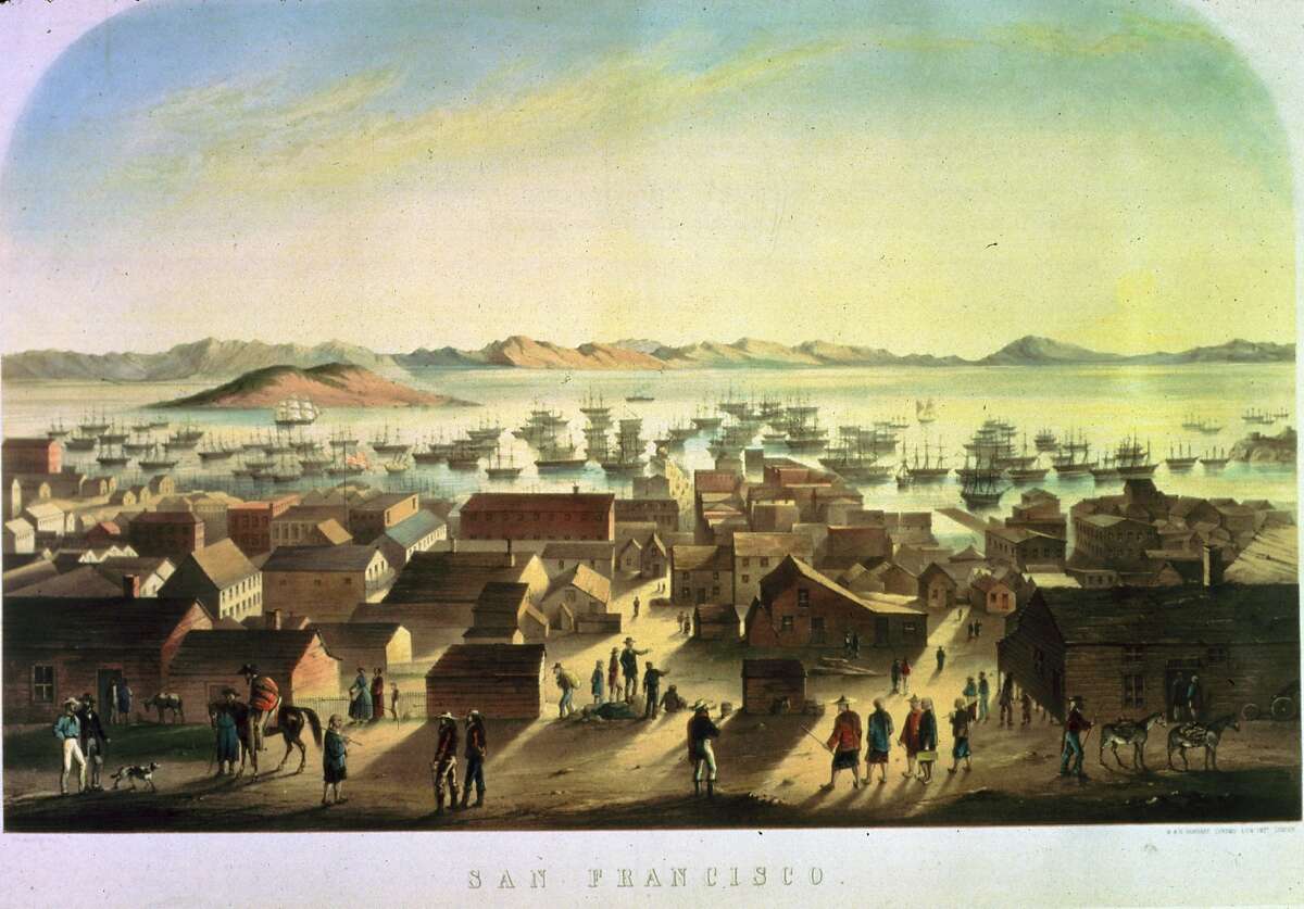 Boats on the San Francisco waterfront in 1849, depicted in a lithograph.
