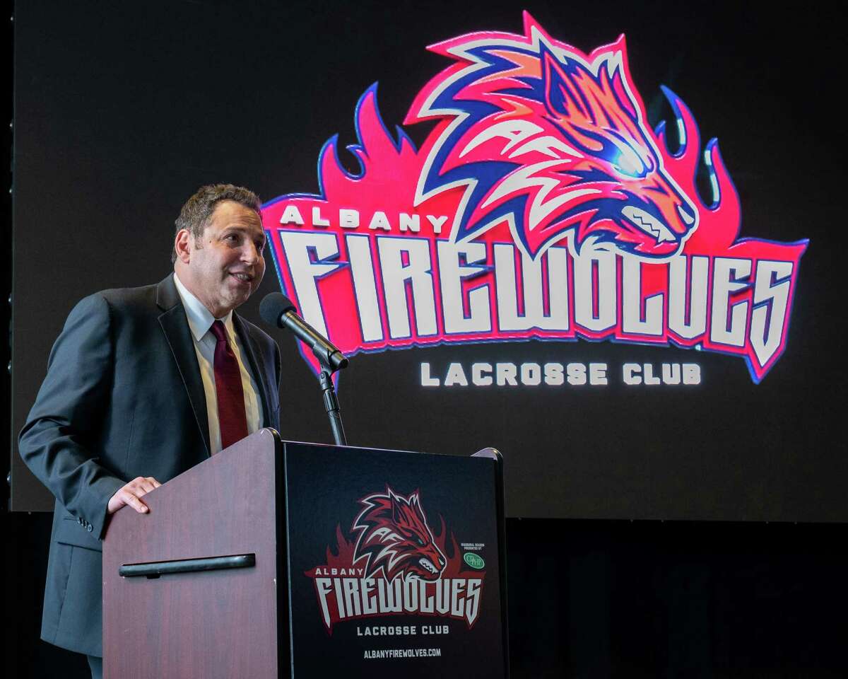 Albany Firewolves President George Manias speaks during a press conference announcing the team’s new name and logo at the Times Union Center, in Albany, NY, on Thursday, April 15, 2021 (Jim Franco/Special to the Times Union)