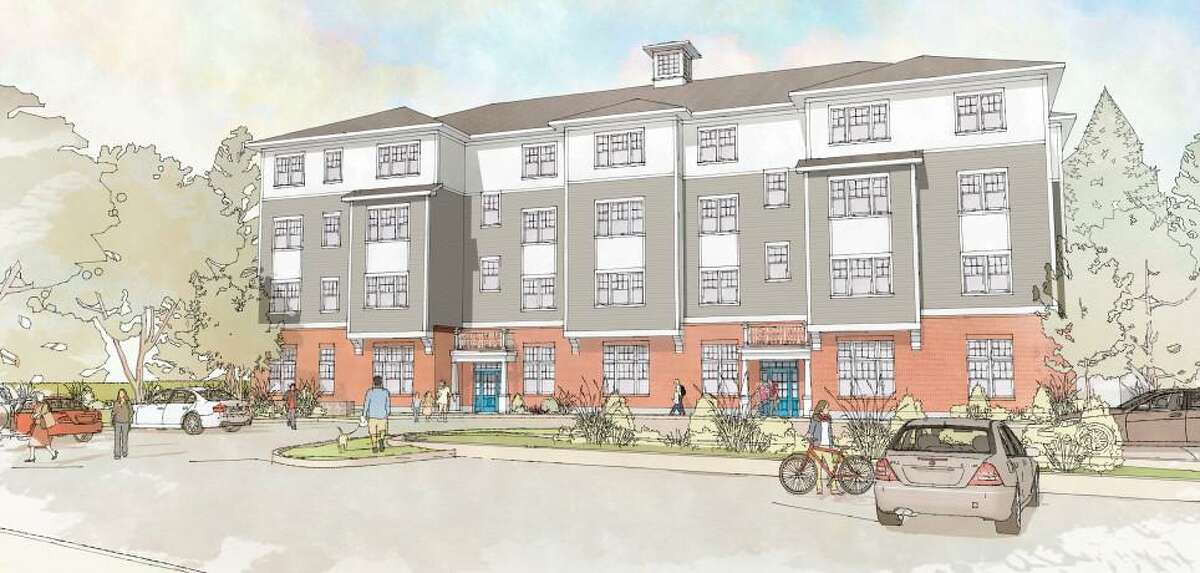 The renderings for the proposed four-floor walkup apartment building at 3 Hubbard Road in Wilton Center.