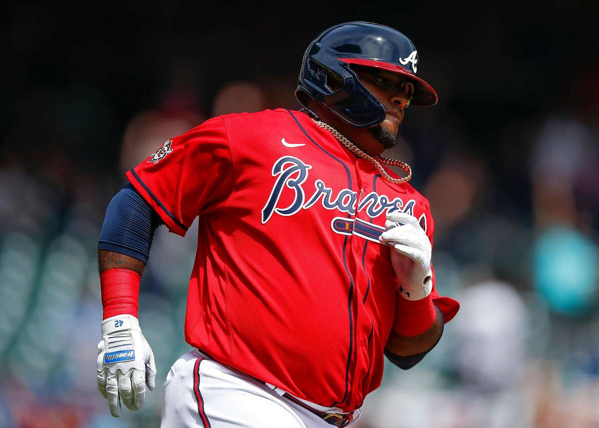 ATLANTA, GA - APRIL 15: Pablo Sandoval #48 of the Atlanta Braves runs the bases after hitting a two run home run in the sixth inning of an MLB game against the Miami Marlins at Truist Park on April 15, 2021 in Atlanta, Georgia. All players are wearing the number 42 in honor of Jackie Robinson Day. (Photo by Todd Kirkland/Getty Images)