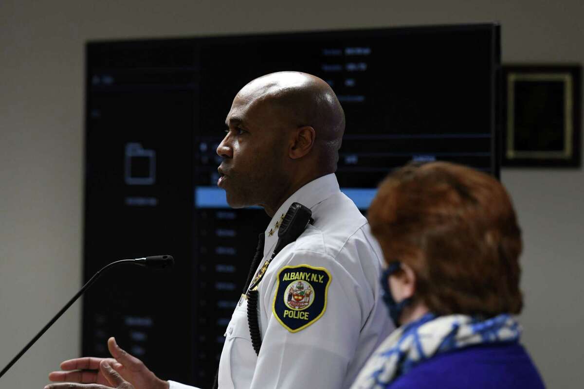 Albany Police Chief Eric Hawkins and Mayor Kathy Sheehan hold a news conference to address Wednesday?•s altercation between police and protesters at the city?•s South Station following what began as a peaceful protest against a police killing in Minnesota on Friday, April 16, 2021, at police headquarters in Albany, N.Y. Sheehan and Hawkins supported the officers' actions and condemned the attack on a city police station. (Will Waldron/Times Union)