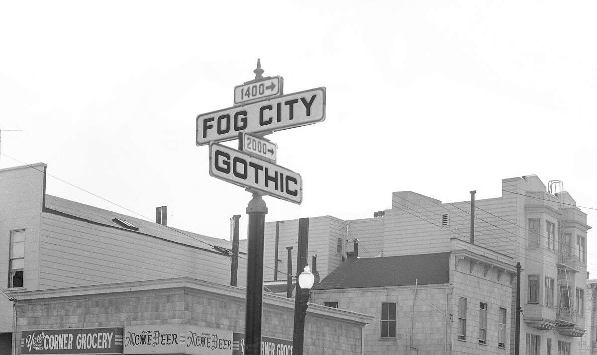 A Fog City Gothic street sign, made on Photoshop with use of a historic San Francisco neighborhood photo from Western Neighborhoods Project's OpenSFHistory site.