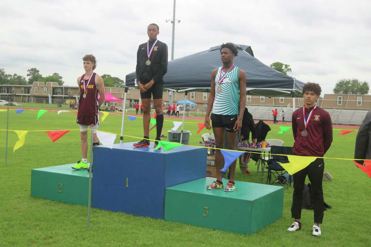 The top men's high jumpers on the medals stand has Deer Park's Kaden Harvey in second place and Memorial's Kolby Taylor with the bronze medal. The Area champ is Summer Creek's Jalen Rivers, who cleared 7 feet, 1, six inches shy of the national record.