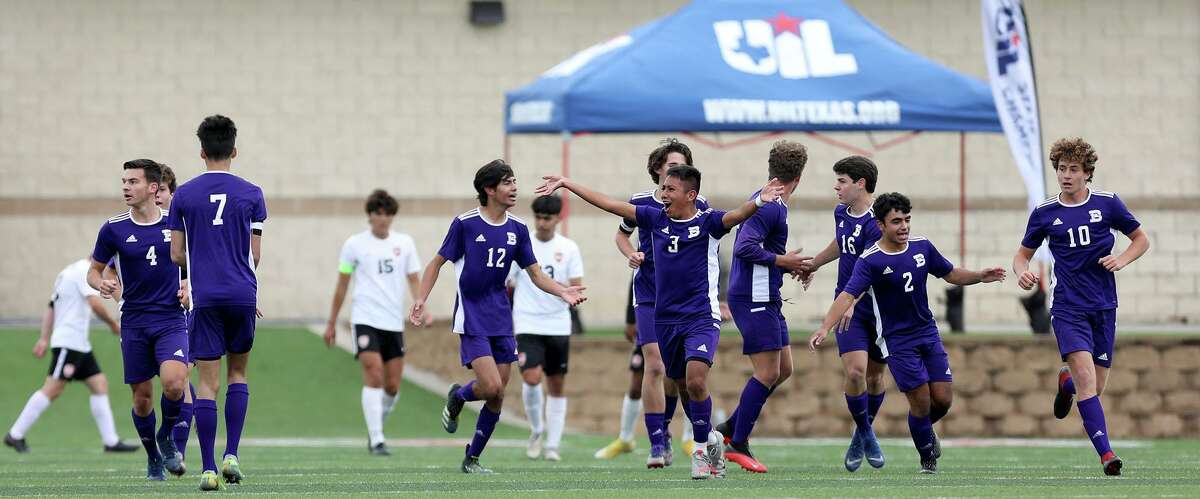 Boerne players celebrate after a goal against Fort Worth Diamond Hill-Jarvis during their UIL 4A boys State championship soccer game at Birkelbach Field on April 17, 2021 in Georgetown, Texas. (Thao Nguyen/Special Contributor)