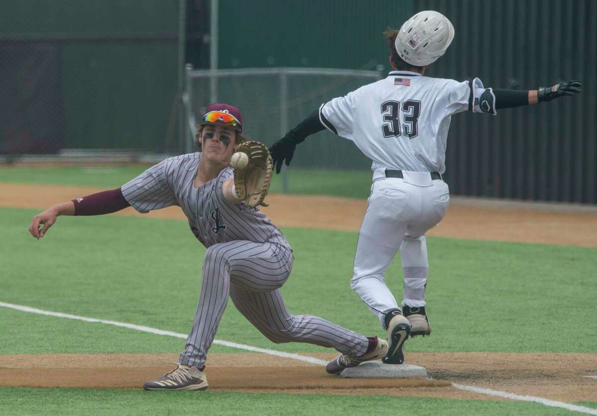 Lee's Chase Shores reaches for the ball but Odessa Permian's Sebastian Bravo safely reaches first 04/17/2021 at McCanlies Field field in Odessa. Tim Fischer/Reporter-Telegram