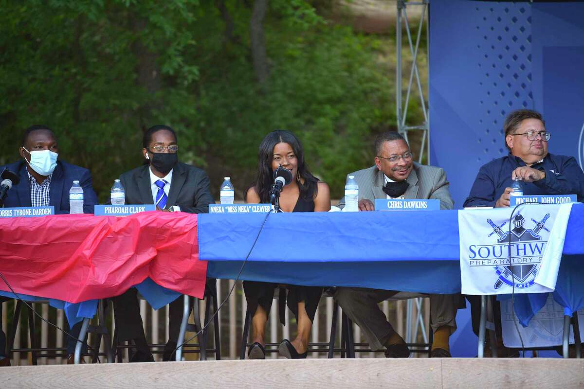 City Council District 2 candidates, from left, Norris Tyrone Darden, Pharaoh Clark, Nneka Cleaver, Chris Dawkins and Michael John Good participate in the D2 Presidents Round Table at Southwest Preparatory School on Wednesday, April 14, 2021. The candidates discussed what they could accomplish if elected.