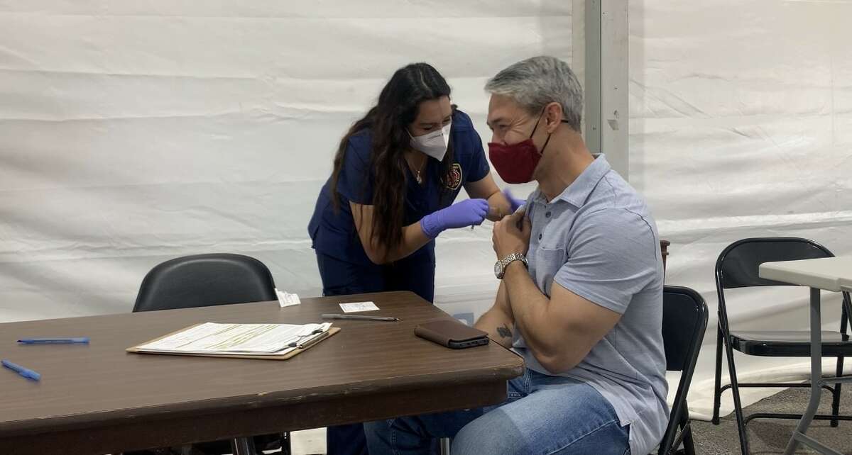 San Antonio Mayor Ron Nirenberg received his first dose of the Pfizer COVID-19 vaccine at the Alamodome distribution site on April 17, 2020.
