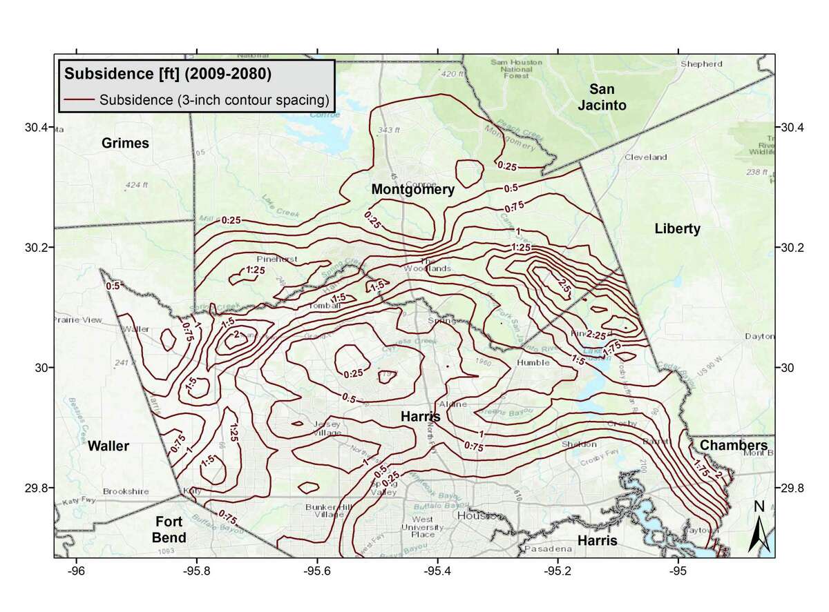 A map shows how much the ground could sink in coming decades based on the current proposal by the regional group that manages aquifer use.