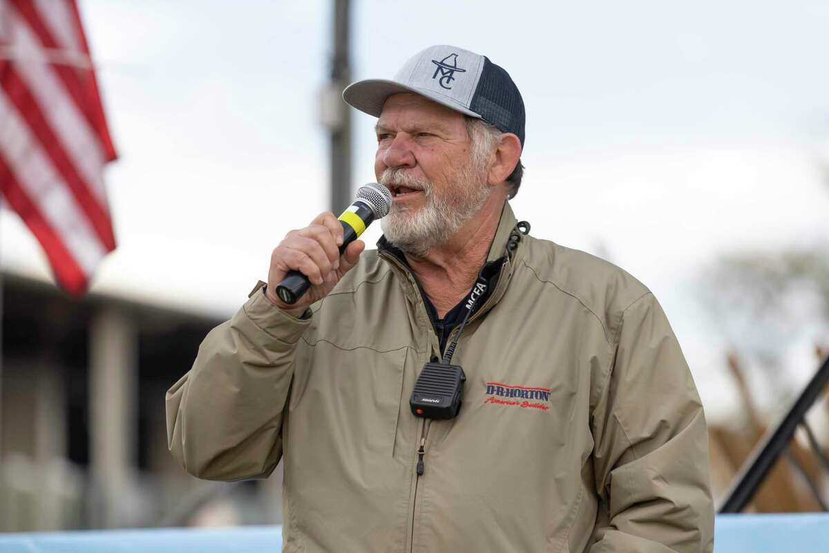 Jack Grimm, officer in command for the barbeque committee, speaks during the Midnight Love Street BBQ Cookoff awards ceremony at the Montgomery County Fair & Rodeo, Saturday, April 17, 2021, in Conroe. This year an estimated 110 teams competed.