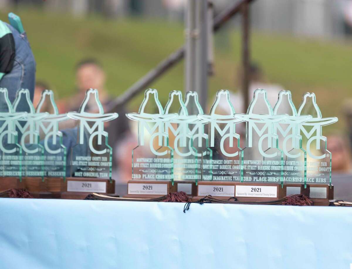 Trophies are seen during the Midnight Love Street BBQ Cookoff awards ceremony at the Montgomery County Fair & Rodeo, Saturday, April 17, 2021, in Conroe. This year an estimated 110 teams competed.