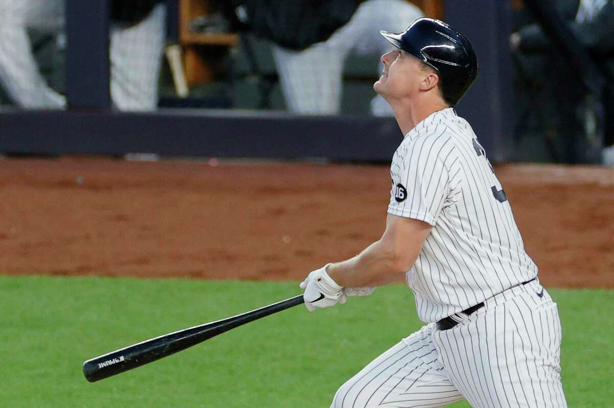 NEW YORK, NEW YORK - APRIL 06: Jay Bruce #30 of the New York Yankees hits a home run during the second inning against the Baltimore Orioles at Yankee Stadium on April 06, 2021 in the Bronx borough of New York City.