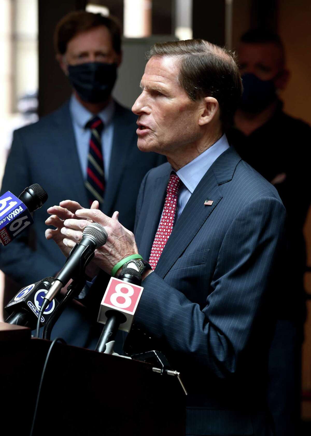 U.S. Senator Richard Blumenthal speaks about a gun buy back program during a press conference at City Hall in New Haven on April 16, 2021. The anonymous gun buy back with no IDs required will be held on Saturday April 17th from 10 a.m.-3 p.m. at 710 Sherman Parkway in New Haven where gift cards will be exchanged for the weapons. The buy back will also include BB guns.