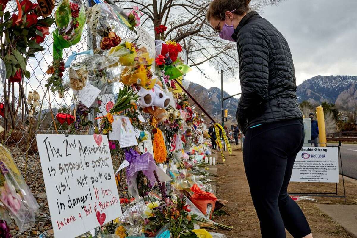 A makeshift memorial honors victims of a mass shooting at a grocery store in Boulder, Colo., last month.