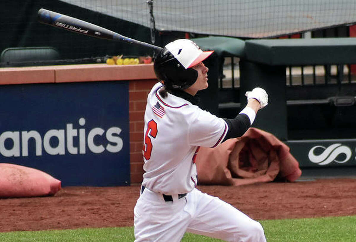 Edwardsville’s Gannon Burns watches his game-winning sacrifice fly in the eighth inning against Triad on Sunday at Busch Stadium in St. Louis.