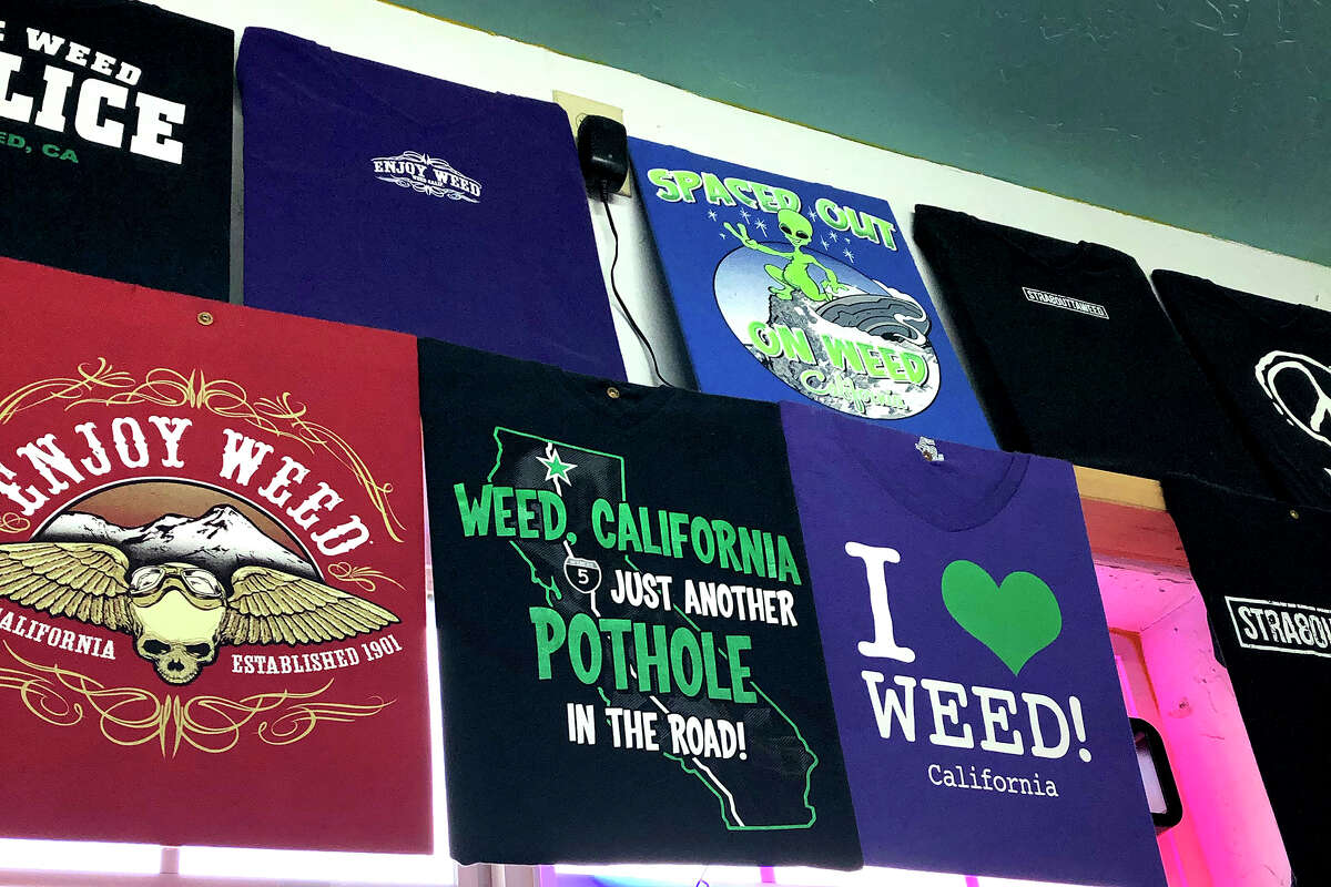 Souvenir shops in Weed, California capitalize on the town's name with tongue-in-cheek T-shirts.