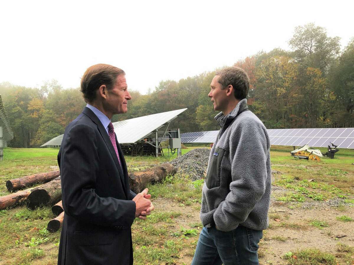 U.S. Sen. Richard Blumenthal, D-Conn., in Morris, Conn. in 2018 alongside White Flower Farm’s Eliot Wadsworth.