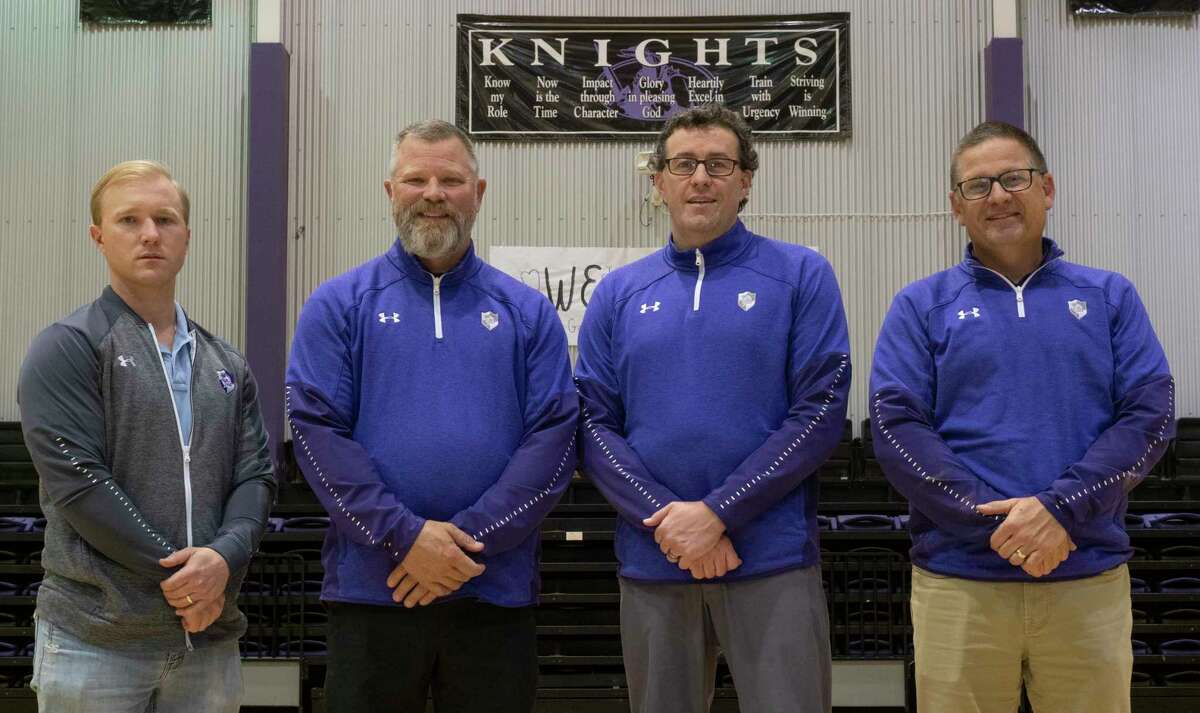 Midland Classical Academy's coaching staff, Tyler Stallings, MRT Coach of the Year Ron Miller, Steve Beattie and Jeff Patterson. 04/19/2021. Tim Fischer/Reporter-Telegram