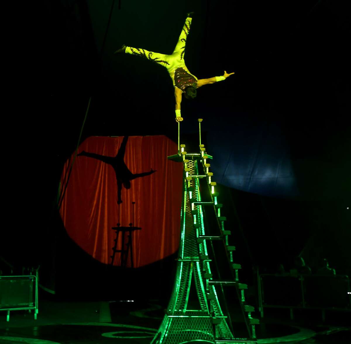 Hand balance artist Eddy performs during the Sunday matinee show of Do Portugal Circus at Parkdale Mall. The international circus is in its final week. Showtimes are 7:30 daily through Friday, Saturday at 5 and 8 p.m. and Sunday at 2, 5 and 8 p.m. Photo made Sunday, April 18, 2021 Kim Brent/The Enterprise