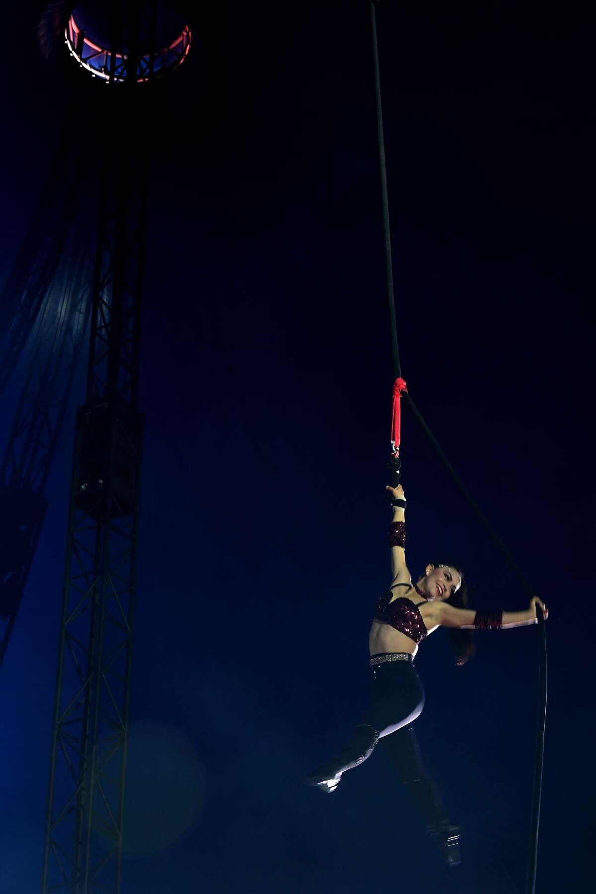 Aerialist Lucero performs during the Sunday matinee show of Do Portugal Circus at Parkdale Mall. The international circus is in its final week. Showtimes are 7:30 daily through Friday, Saturday at 5 and 8 p.m. and Sunday at 2, 5 and 8 p.m. Photo made Sunday, April 18, 2021 Kim Brent/The Enterprise
