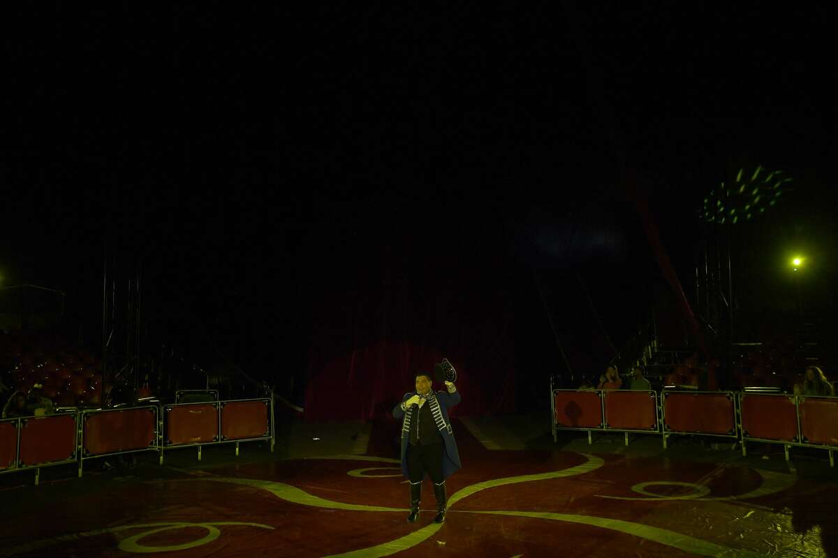 Ringmaster Juan Pablo bids the crowd adieu at the end of the show during the Sunday matinee show of Do Portugal Circus at Parkdale Mall. The international circus is in its final week. Showtimes are 7:30 daily through Friday, Saturday at 5 and 8 p.m. and Sunday at 2, 5 and 8 p.m. Photo made Sunday, April 18, 2021 Kim Brent/The Enterprise