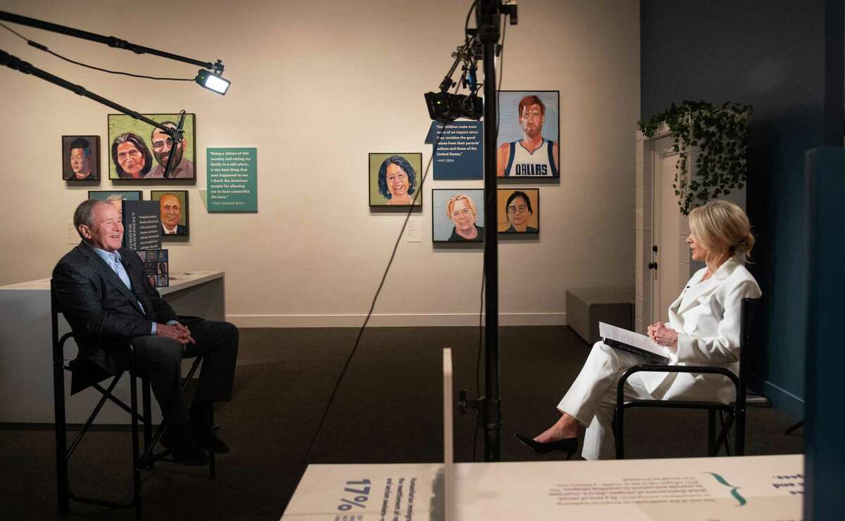 President George W. Bush sits for an interview with Fox News anchor Dana Perino to discuss his new book "Out of Many, One: Portraits of America's Immigrants" is available April 20, the same day his art exhibition of the same name opens at the George W. Bush Presidential Center in Dallas.