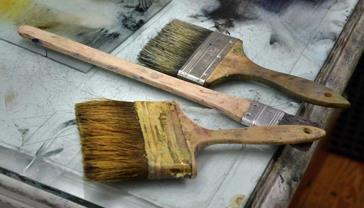 Brushes for applying ink in the Helen Frankenthaler Printmaking Cottage at The Center for Contemporary Printmaking.