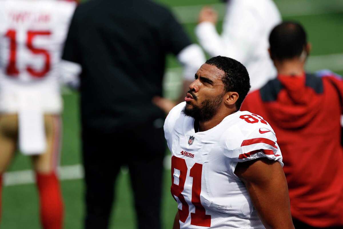 San Francisco 49ers tight end Jordan Reed (81) before an NFL football game against the New York Giants, Sunday, Sept. 27, 2020, in East Rutherford, N.J. (AP Photo/Adam Hunger)