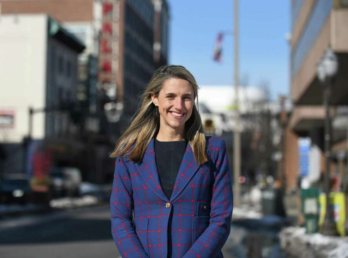 State Rep. Caroline Simmons, D-144, poses in downtown Stamford, Conn., on Wednesday, Feb. 10, 2021. Simmons is running for mayor of Stamford.