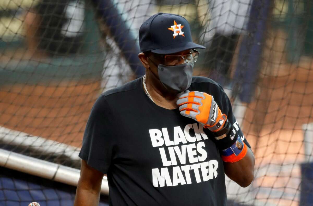 Houston Astros manager Dusty Baker is seen on field wearing a Black Lives Matter shirt during batting practice before the game between the Seattle Mariners and the Houston Astros at Minute Maid Park on Friday, July 24, 2020 in Houston, Texas. (Photo by Robert Seale/MLB Photos via Getty Images)
